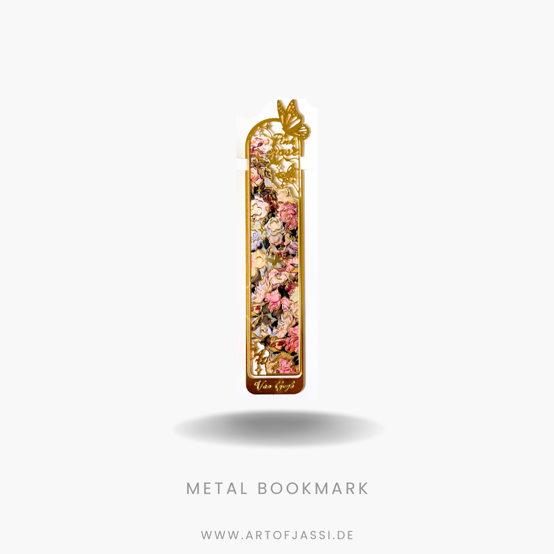 Metall Lesezeichen in Gold und rosa mit floralem Muster