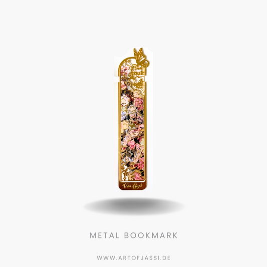 Metall Lesezeichen in Gold und rosa mit floralem Muster